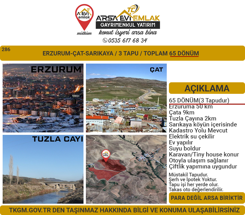 Erzurum-Çat-Sarıkaya-Satılık 65Dönüm Tarla