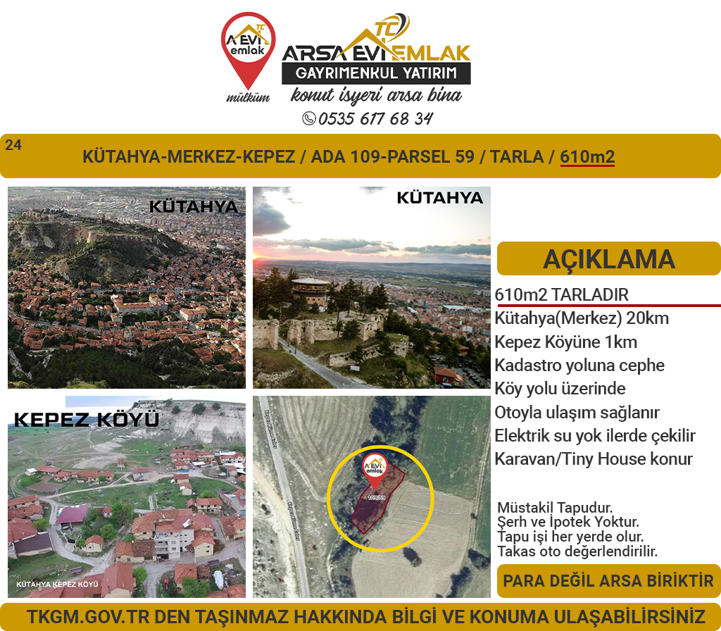 Kütahya-Merkez-Kepez-Satılık 610m2Tarla
