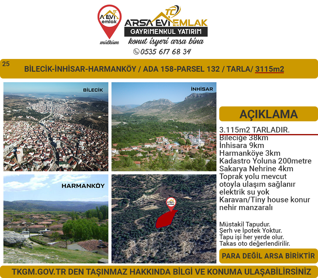 Bilecik-İnhisar-Harmanköy-Satılık 3115m2 Tarla