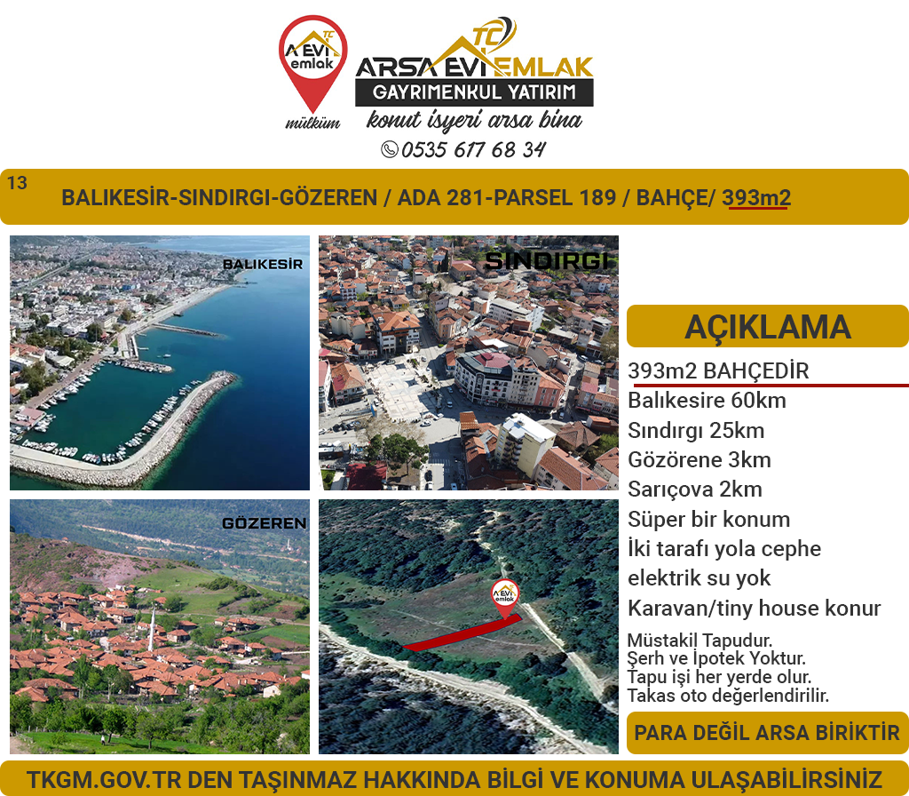 Balıkesir Sındırgı Gözeren Satılık 393m2 Bahçe