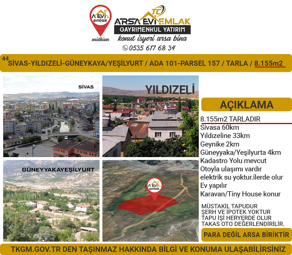 Sivas-Yıldızeli-GüneyyakaYeşilyurt-Satılık-8155m2Tarla