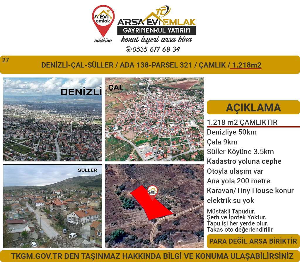 Denizli-Çal-Süller Satılık-1218m2 Çamlık