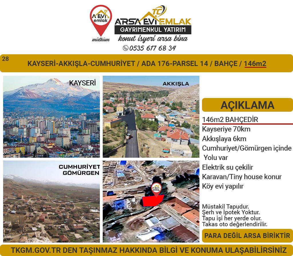 Kayseri Akkışla Cumhuriyet Mah. Satılık 146m2 Bahçe