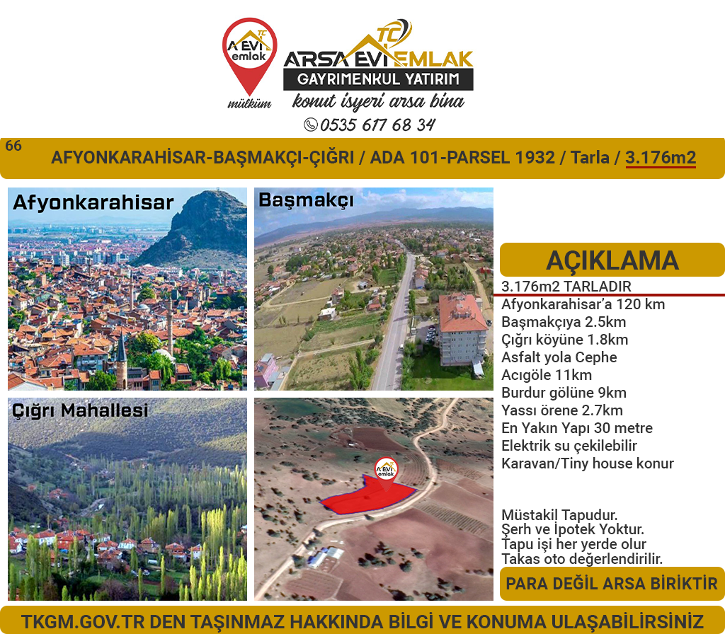 Afyonkarahisar-Başmakçı-Çığrı-Satılık 3176m2-Tarla