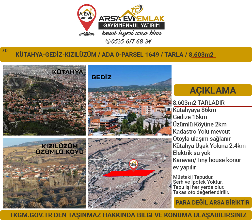 Kütahya Gediz Kızılüzüm Satılık 8600m2 Tarla
