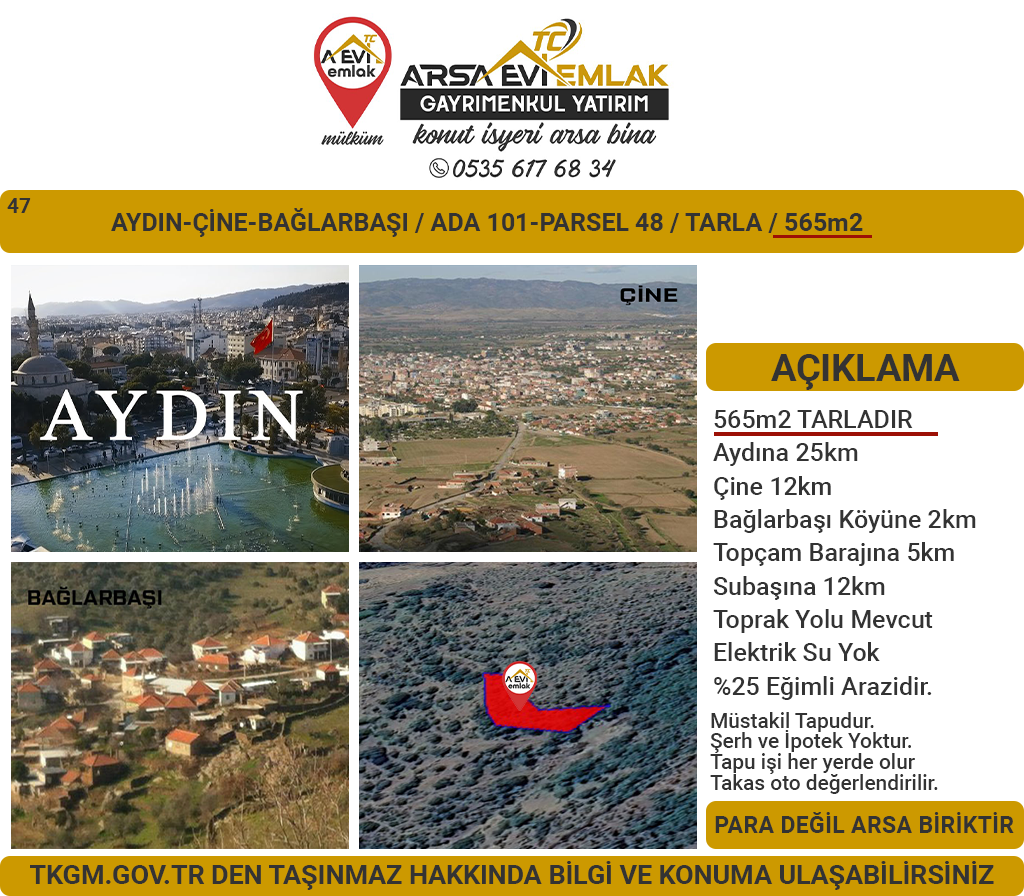 Aydın Çine Bağlarbaşı Satılık 565m2 Tarla