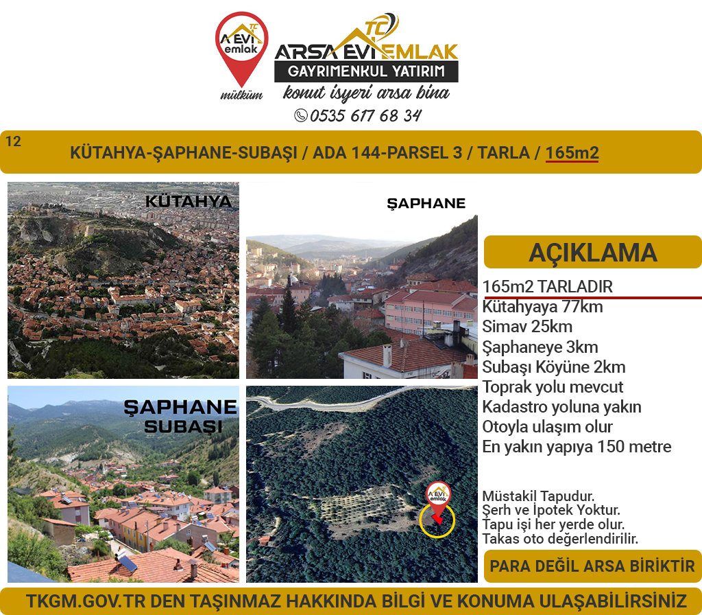 Kütahya Şaphane Subaşı Satılık 164 m2 Tarla