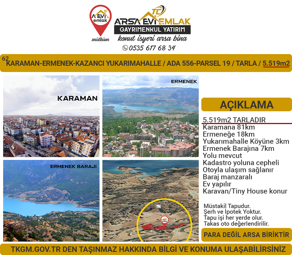 Karaman Ermenek Kazancı Satılık 5519m2 Tarla