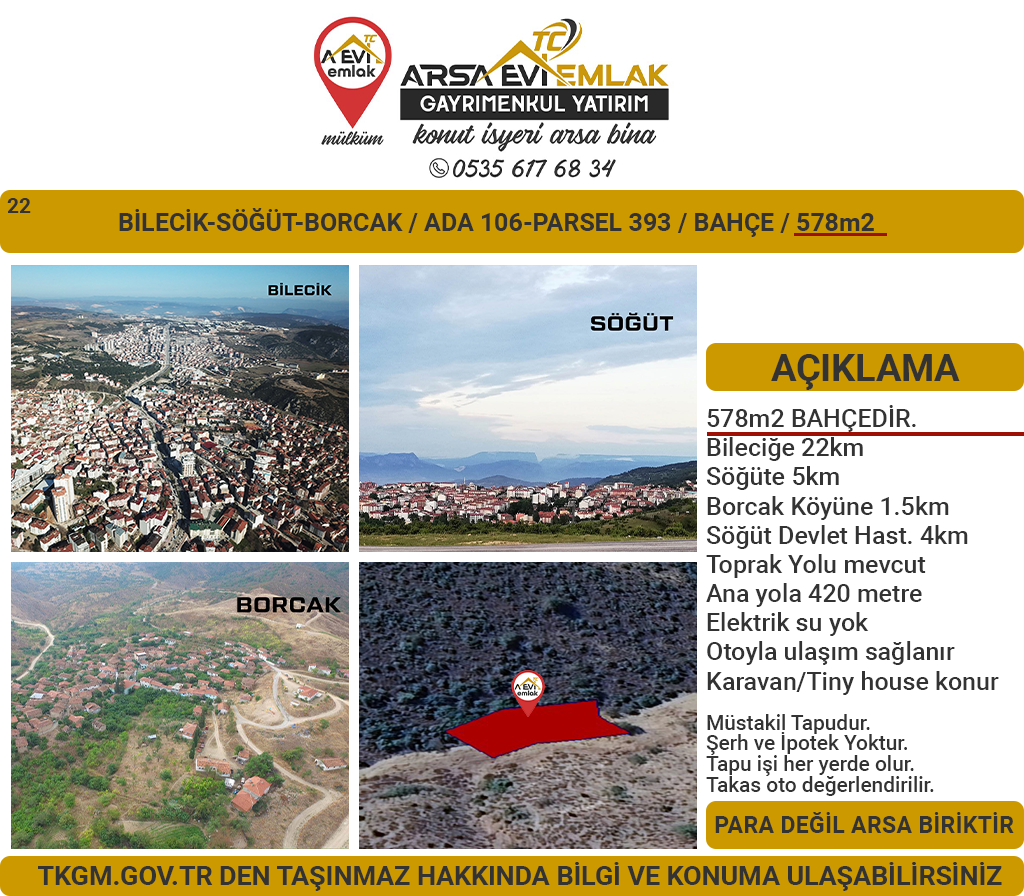 Bilecik-Söğüt-Borcak-Satılık 578m2Bahçe