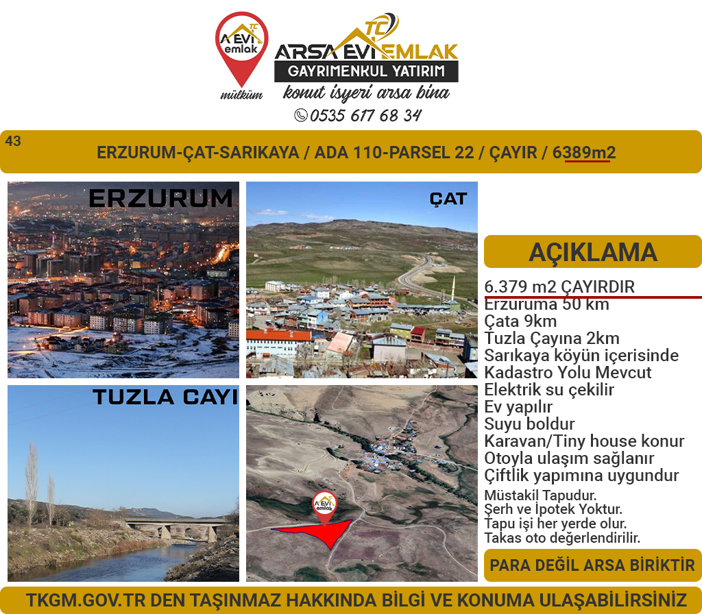 Erzurum-Çat-Sarıkaya-Satılık 6389m2 Tarla