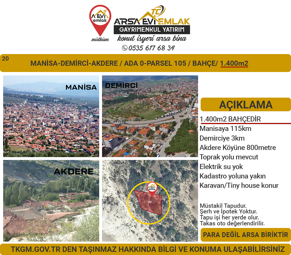 Manisa Demirci Akdere Satılık 1400m2 Bahçe