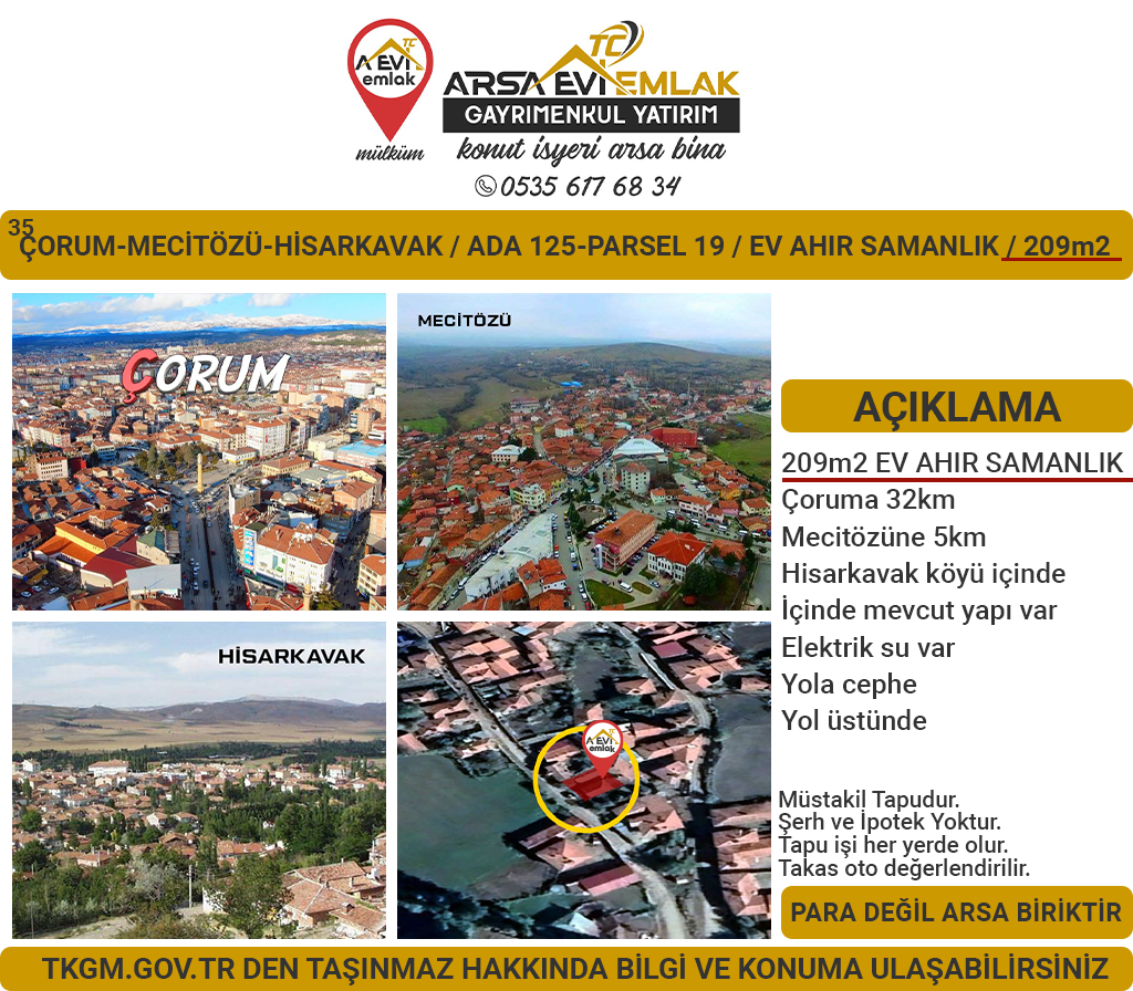 Çorum-Mecitözü-Hisarkavak Satılık 209m2 İmarlı Arsa