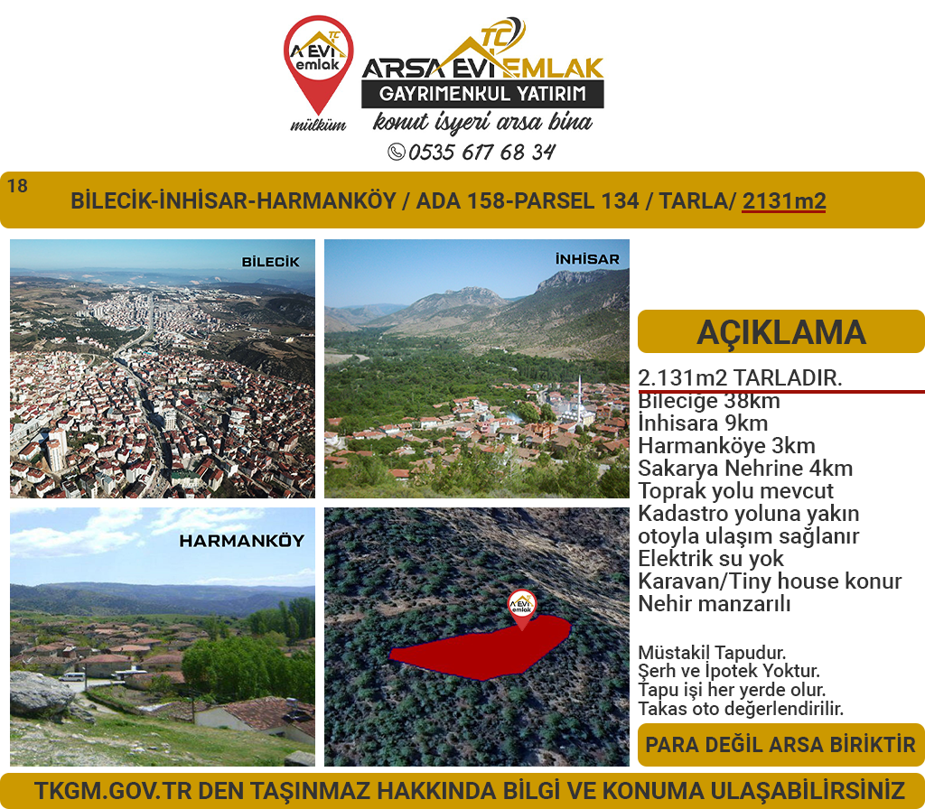 Bilecik-İnhisar-Harmanköy-Satılık 2131m2 Tarla