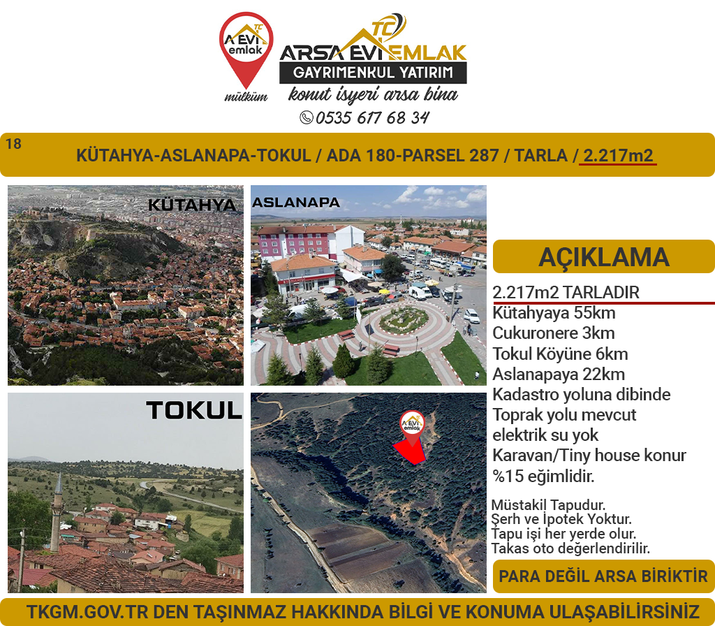 Kütahya Aslanapa Tokul 2217m2 Satılık Tarla