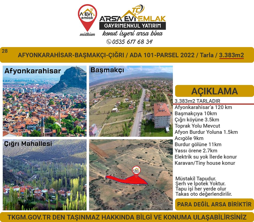 Afyonkarahisar-Başmakçı-Çığrı-Satılık 3383m2-Tarla