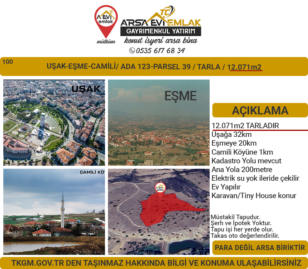 Uşak Eşme Camili Satılık 12071m2 Tarla