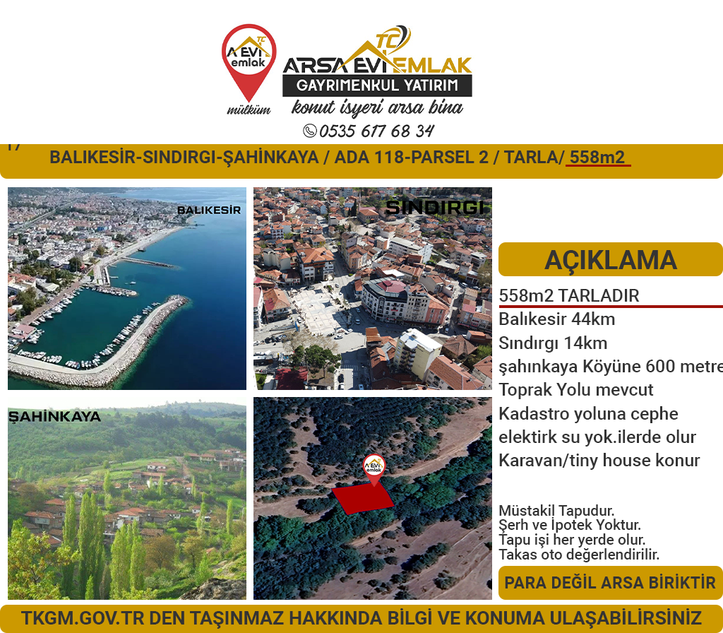 Balıkesir Sındırgı Şahinkaya Satılık 558m2 Tarla