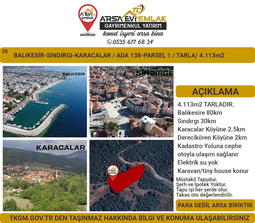 Balıkesir Sındırgı Karacalar Satılık 4113m2 Tarla