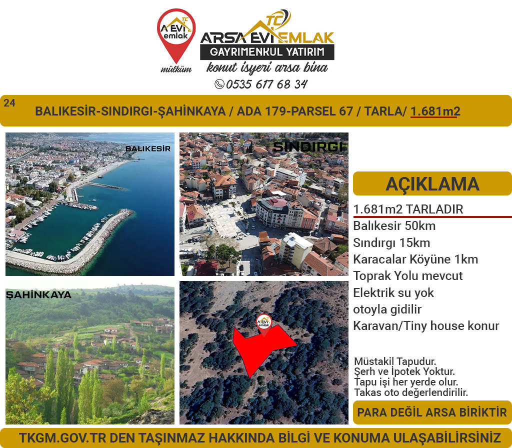 Balıkesir Sındırgı Şahinkaya Satılık 1681m2 Tarla