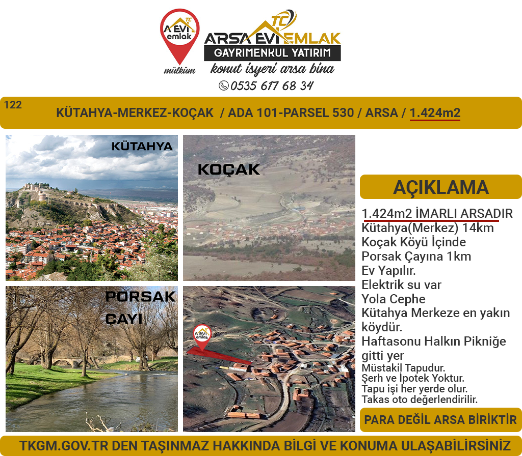 TAKAS Kütahya-Merkez-Koçak-İmarlı 1424m2-Arsa