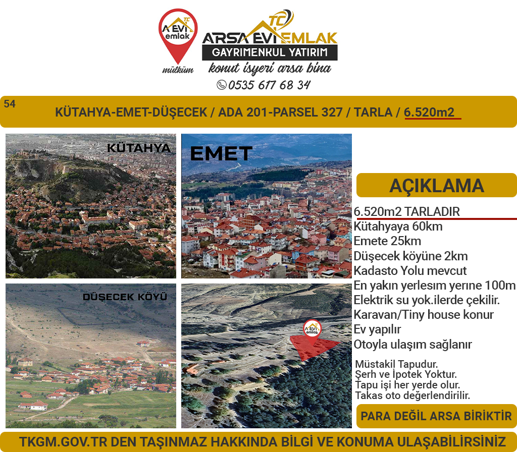 Kütahya Emet Düşecek Satılık 6520m2 Tarla