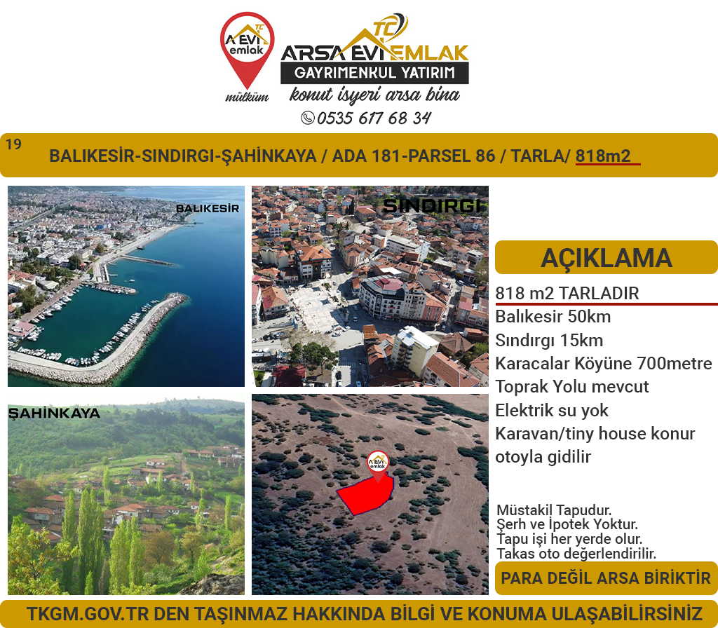 Balıkesir Sındırgı Şahinkaya Satılık 818m2 Tarla