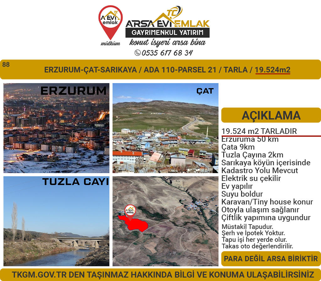 Erzurum-Çat-Sarıkaya-Satılık 19.527m2 Tarla