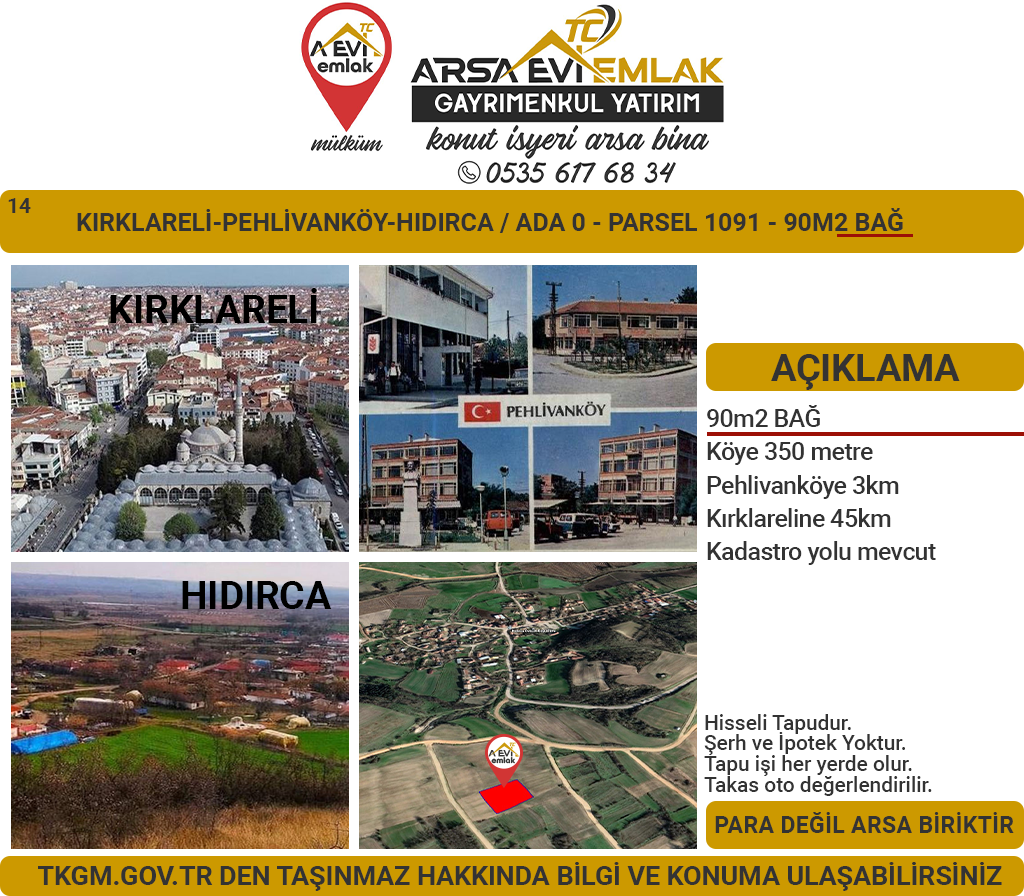 Kırklareli-Pehlivanköy-Hıdırca 90m2 Bahçe
