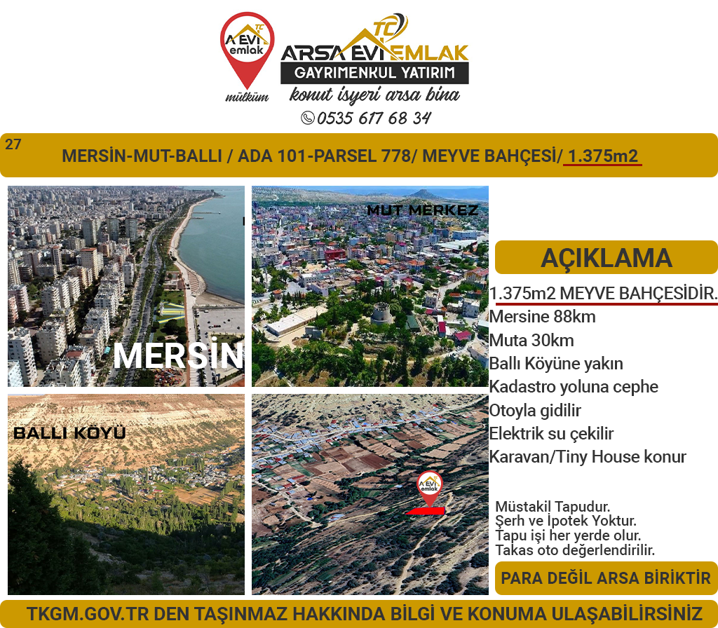 Mersin Mut Ballı Satılık 1375m2 Meyve Bahçesi