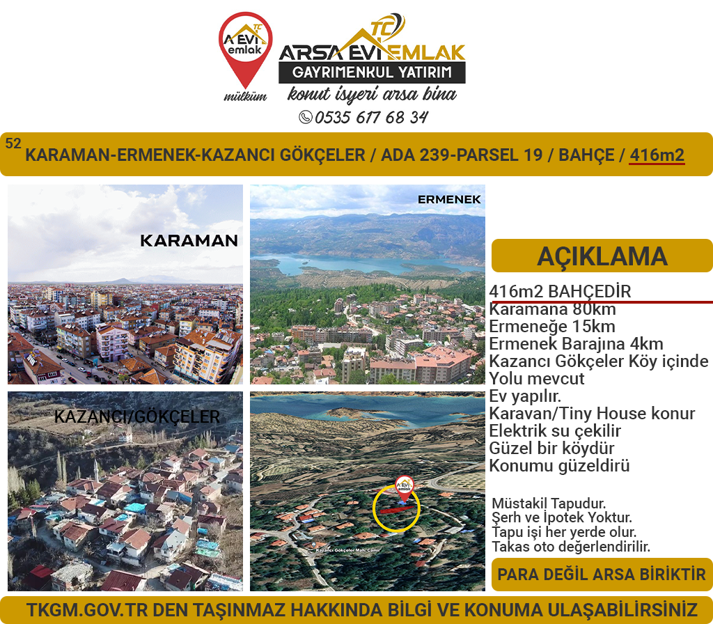 Karaman Ermenek Kazancı Satılık 416m2 Bahçe
