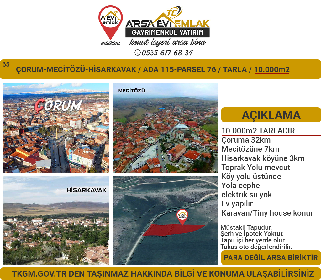 Çorum Mecitözü Hisarkavak Satılık 10000m2 Tarla