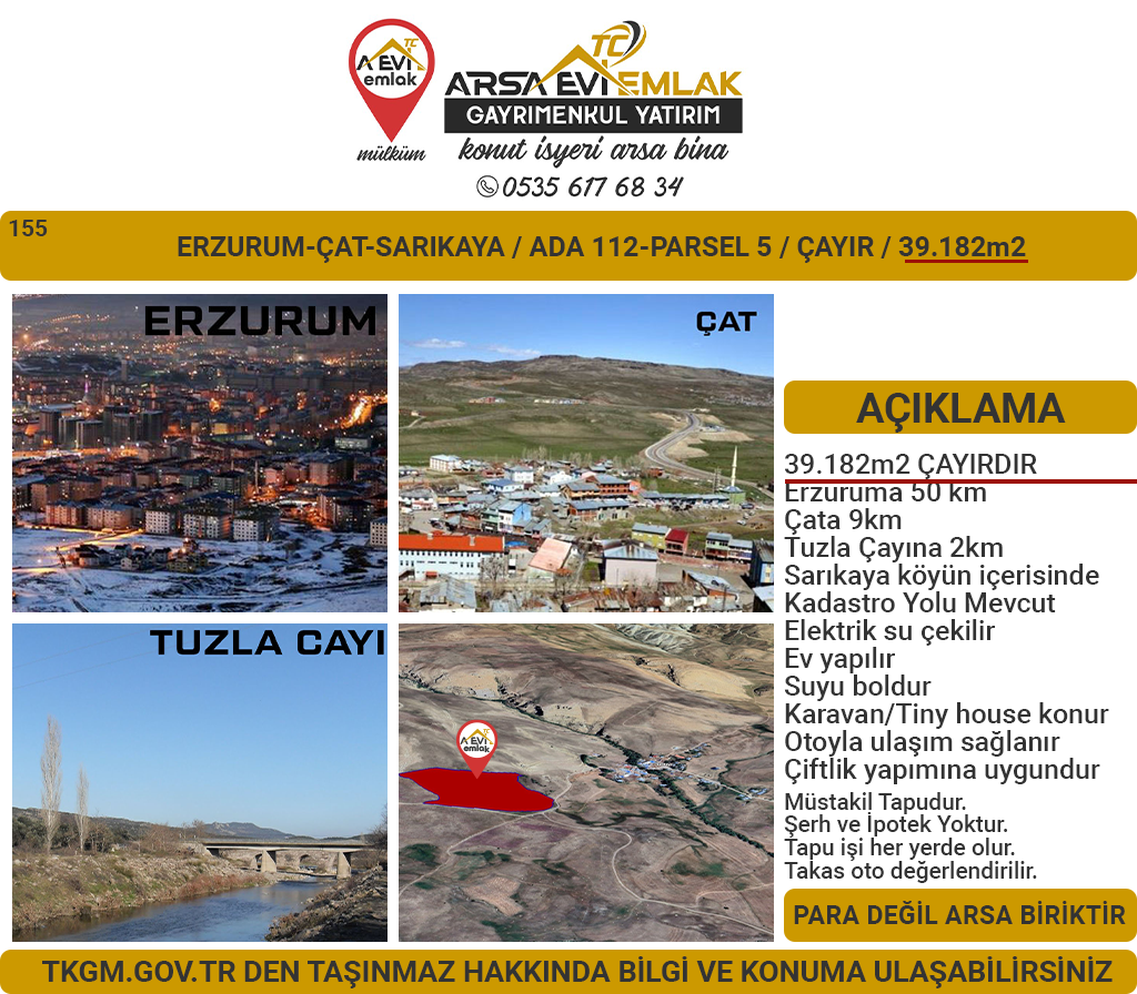 Erzurum-Çat-Sarıkaya-Satılık 39.182m2 Tarla