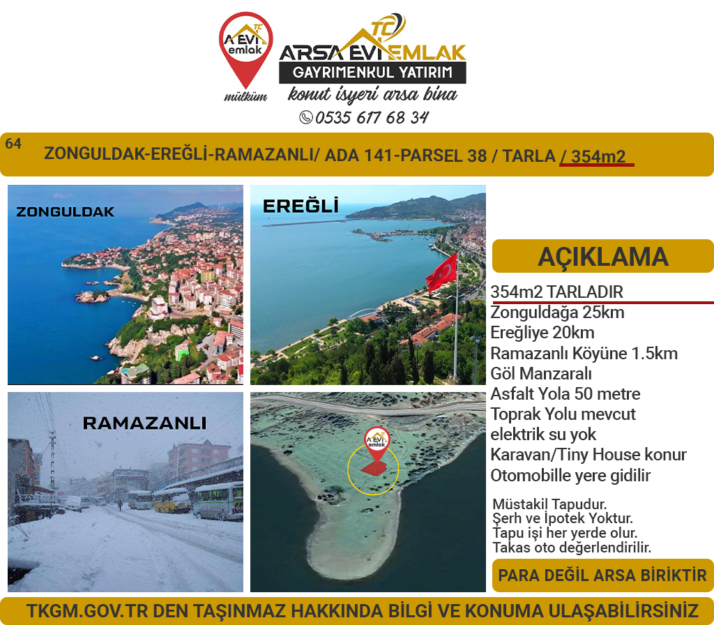 Zonguldak-Ereğli-Ramazanlı-Göl Manzaralı Satılık-354m2Tarla