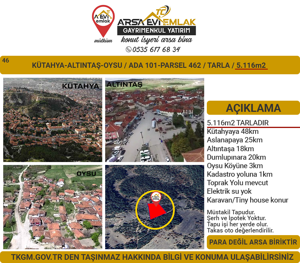 Kütahya Altıntaş Oysu 5116m2 Satılık Tarla