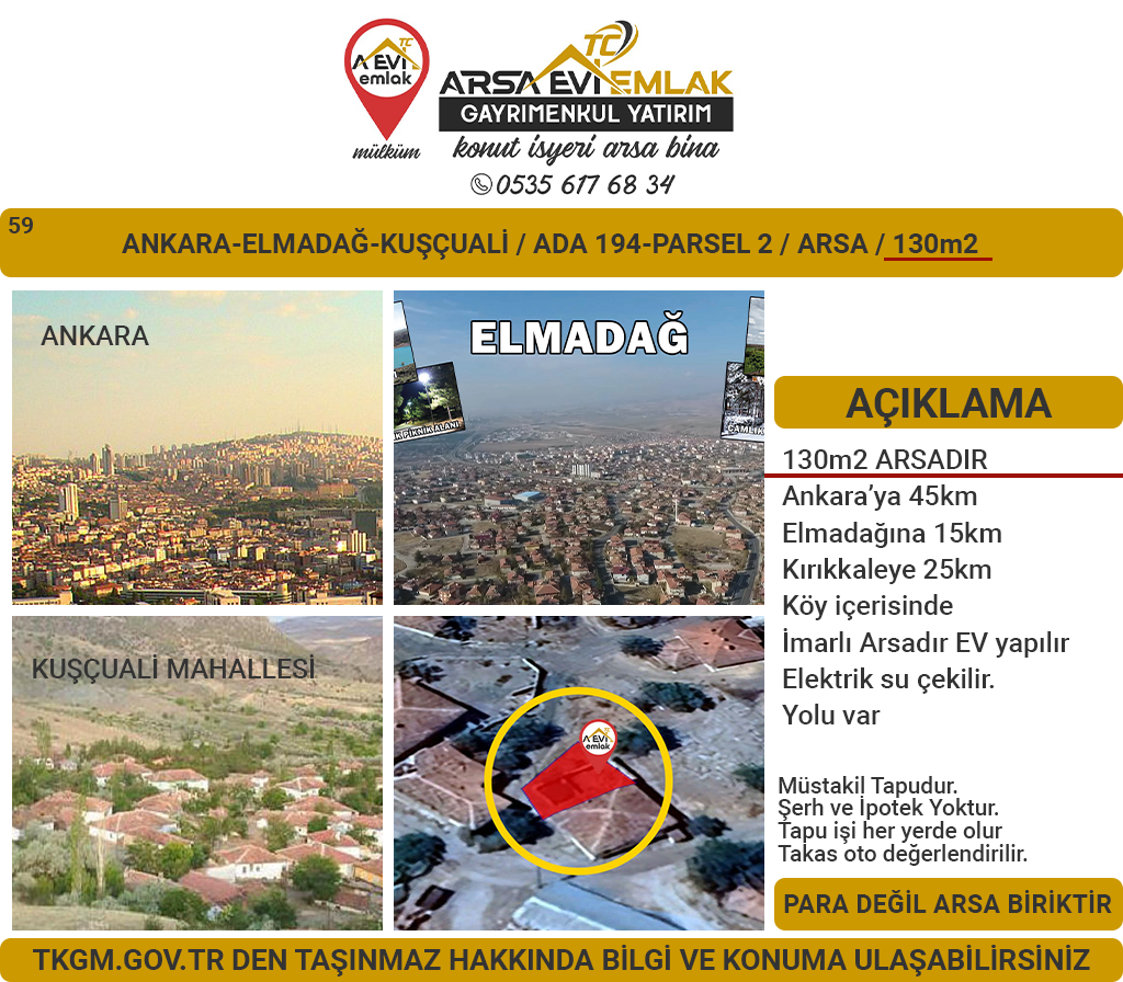 Ankara-Elmadağ-Kuşçuali-Satılık Arsa-130m2 İmarlı