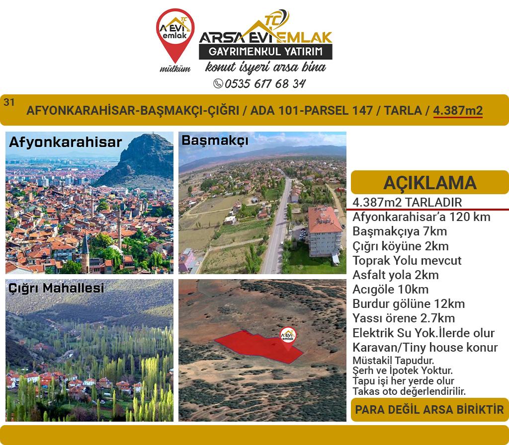 Afyonkarahisar-Başmakçı-Çığrı-Satılık 4387m2-Tarla
