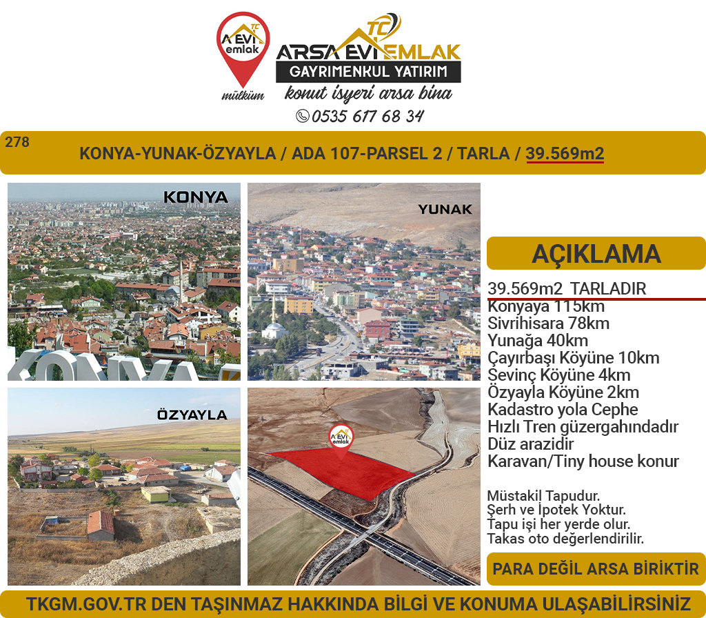 Konya Yunakta 40Dönüm Tarla Hızlı Tren Güzergahı Yol Cepheli