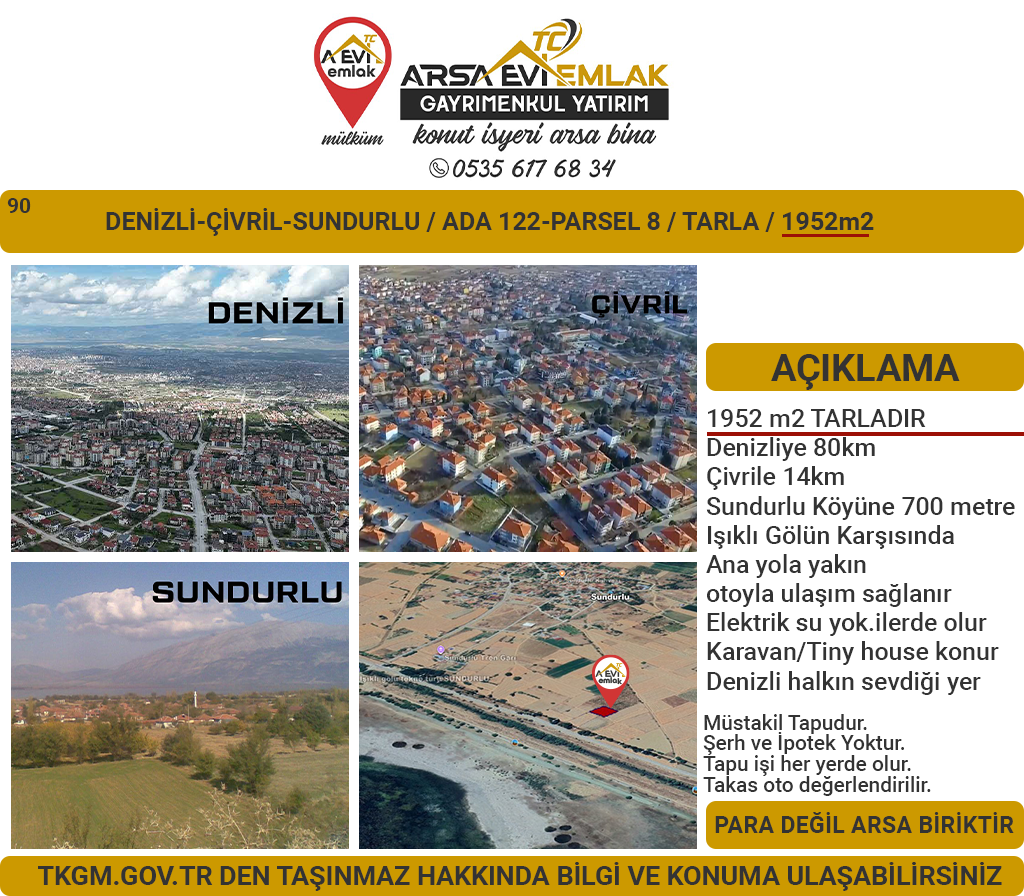 Denizli-Çivril-Sundurlu Satılık Göl Karşısı 1952m2 Tarla