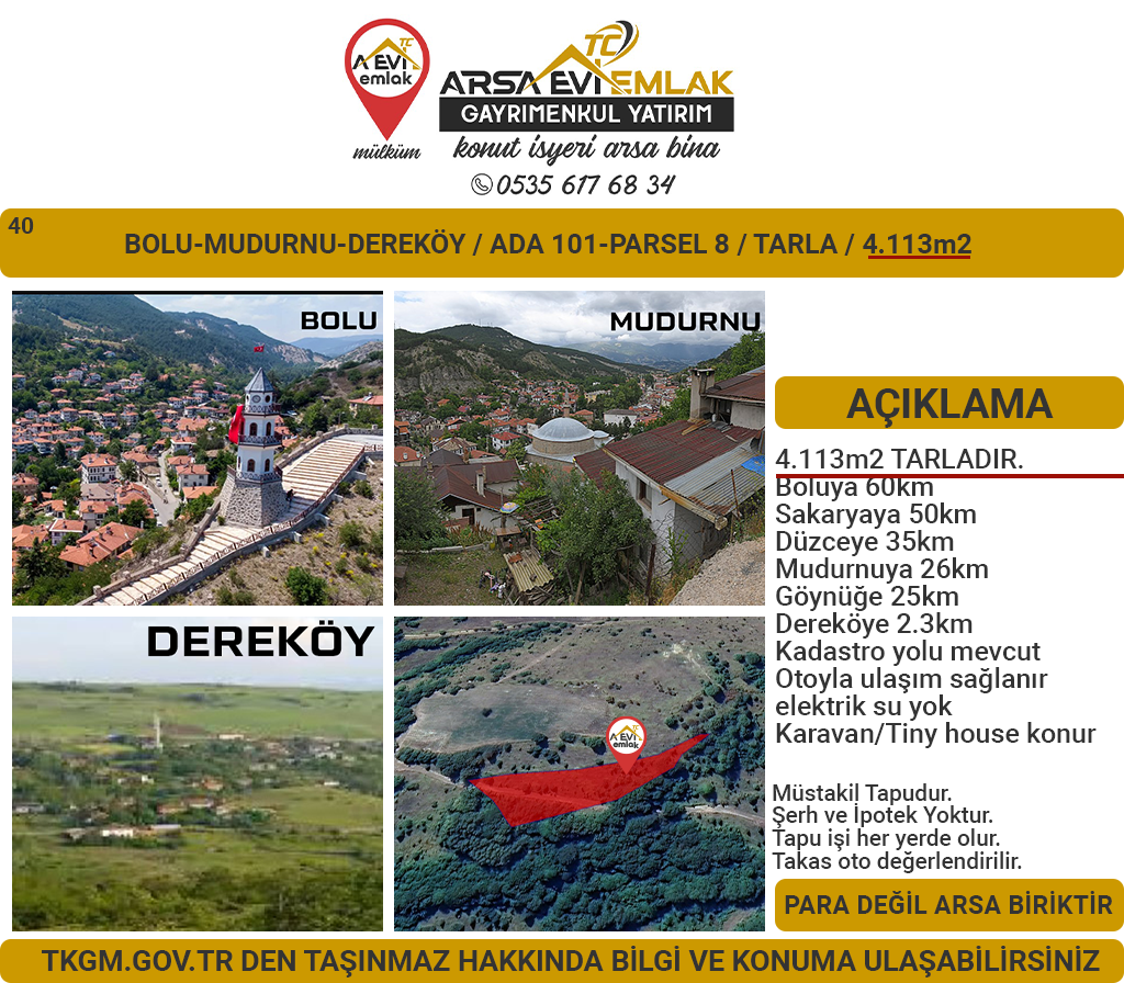 Bolu Mudurnu Dereköy Satılık Tarla 4113m2yolacephe