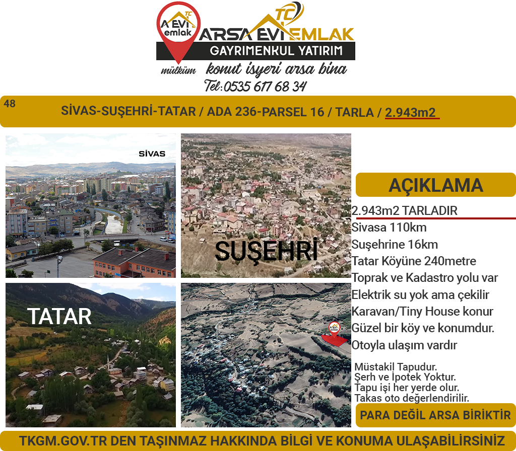 Sivas Suşehri Tatar Satılık 2943m2 Tarla
