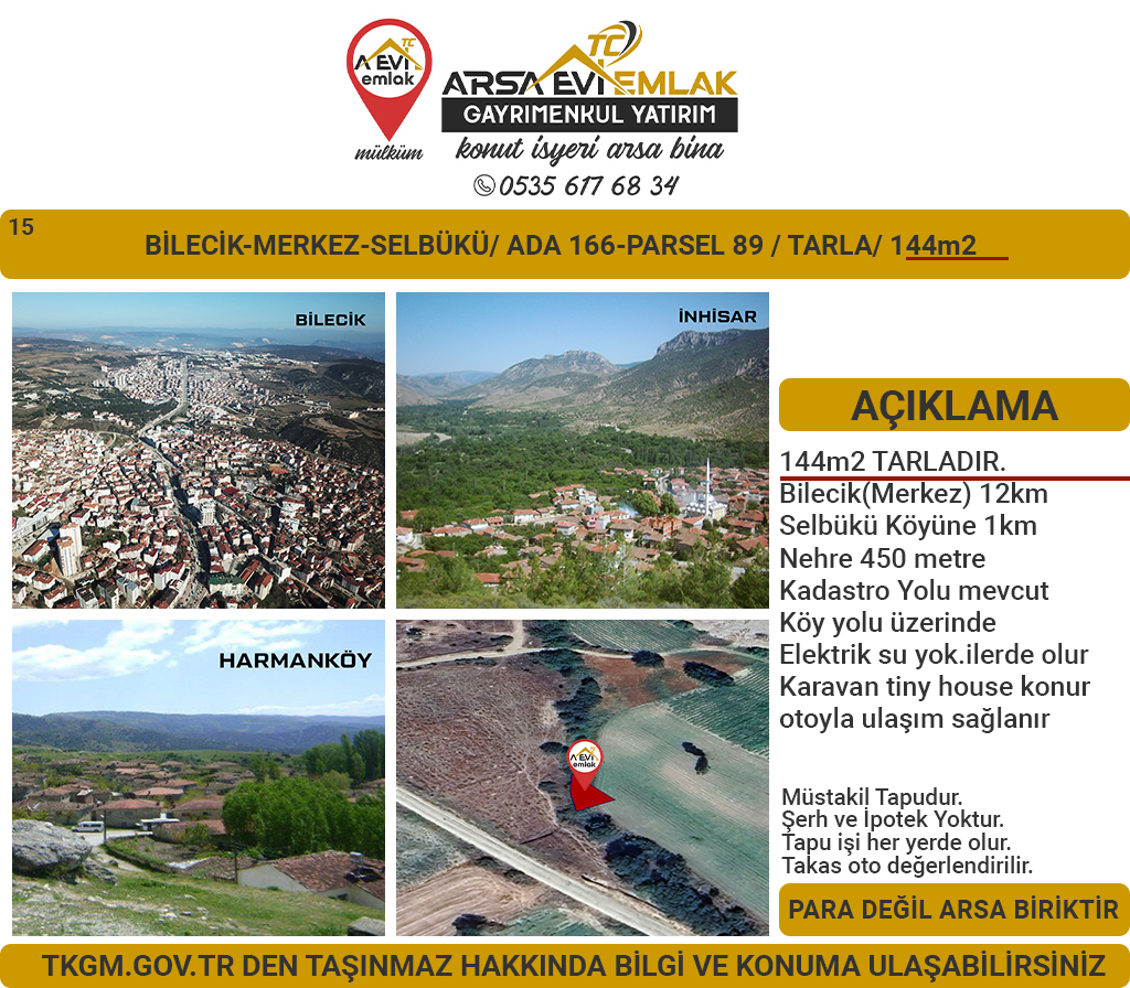 Bilecik Merkez Selbükü Satılık 143m2 Tarla