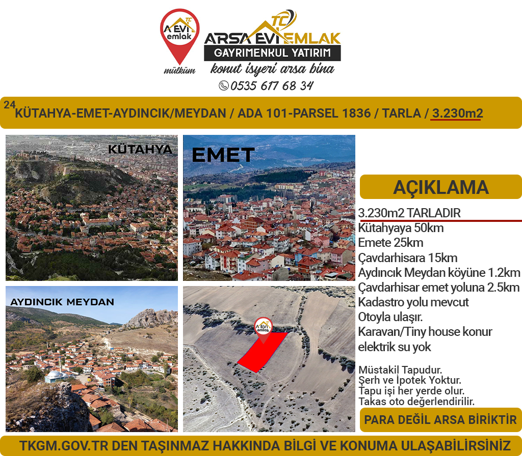 Kütahya Emet AydıncıkMeydan Satılık 3230m2 Tarla
