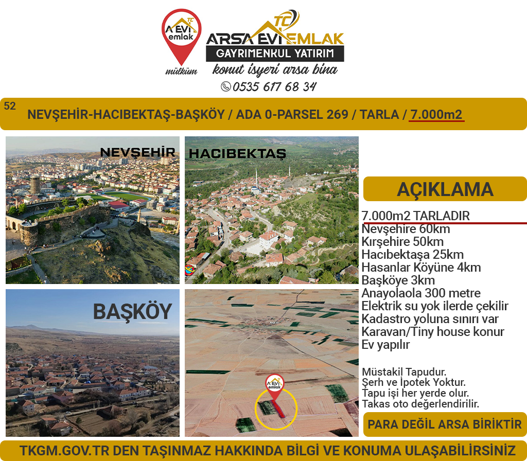 Nevşehir-Hacıbektaş-Başköy-Satılık-7000m2Tarla