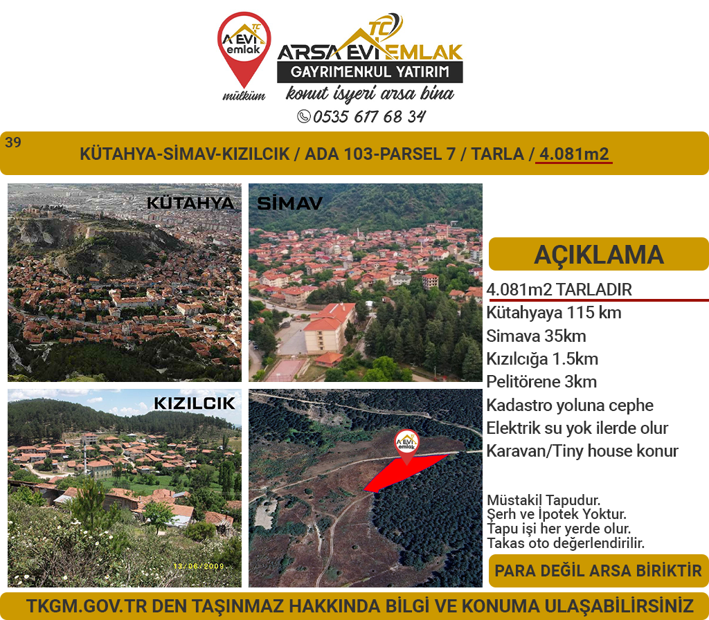 Kütahya Simav Kızılcık Satılık 4081m2 Tarla