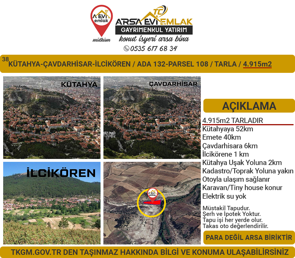 Kütahya Çavdarhisar İlcikören Satılık 4915m2 Tarla